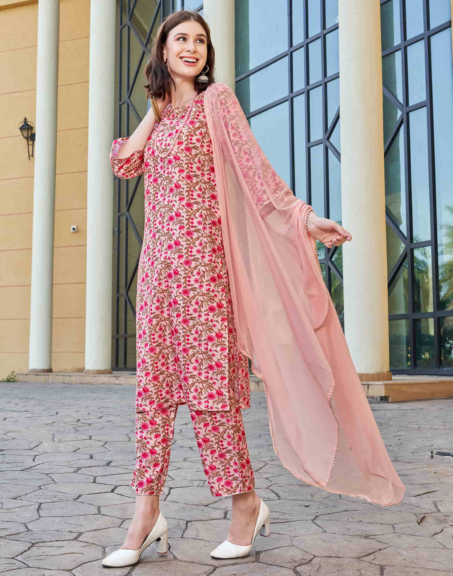 Light Pink Printed Rayon Straight Kurta With Pant And Dupatta