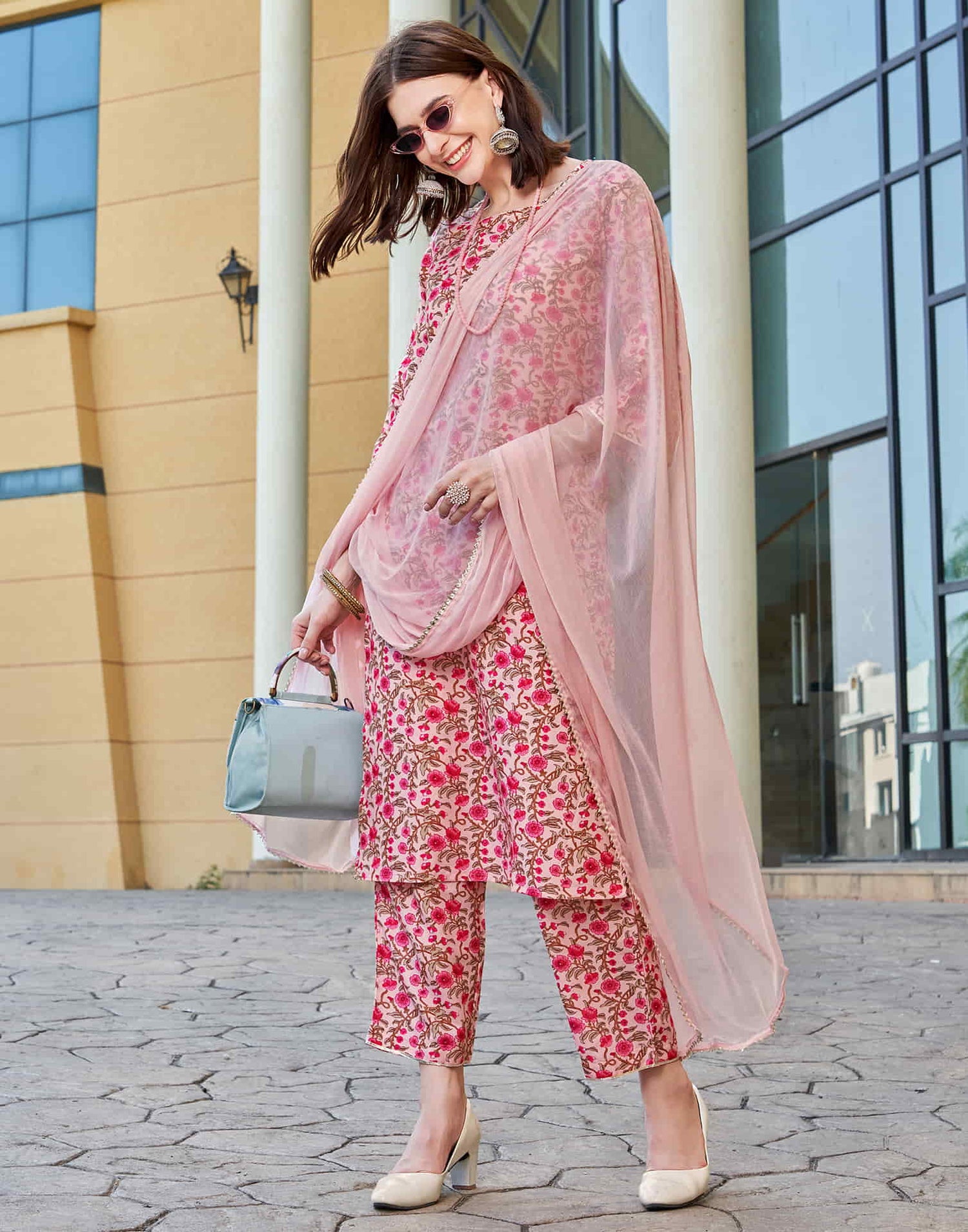 Light Pink Printed Rayon Straight Kurta With Pant And Dupatta