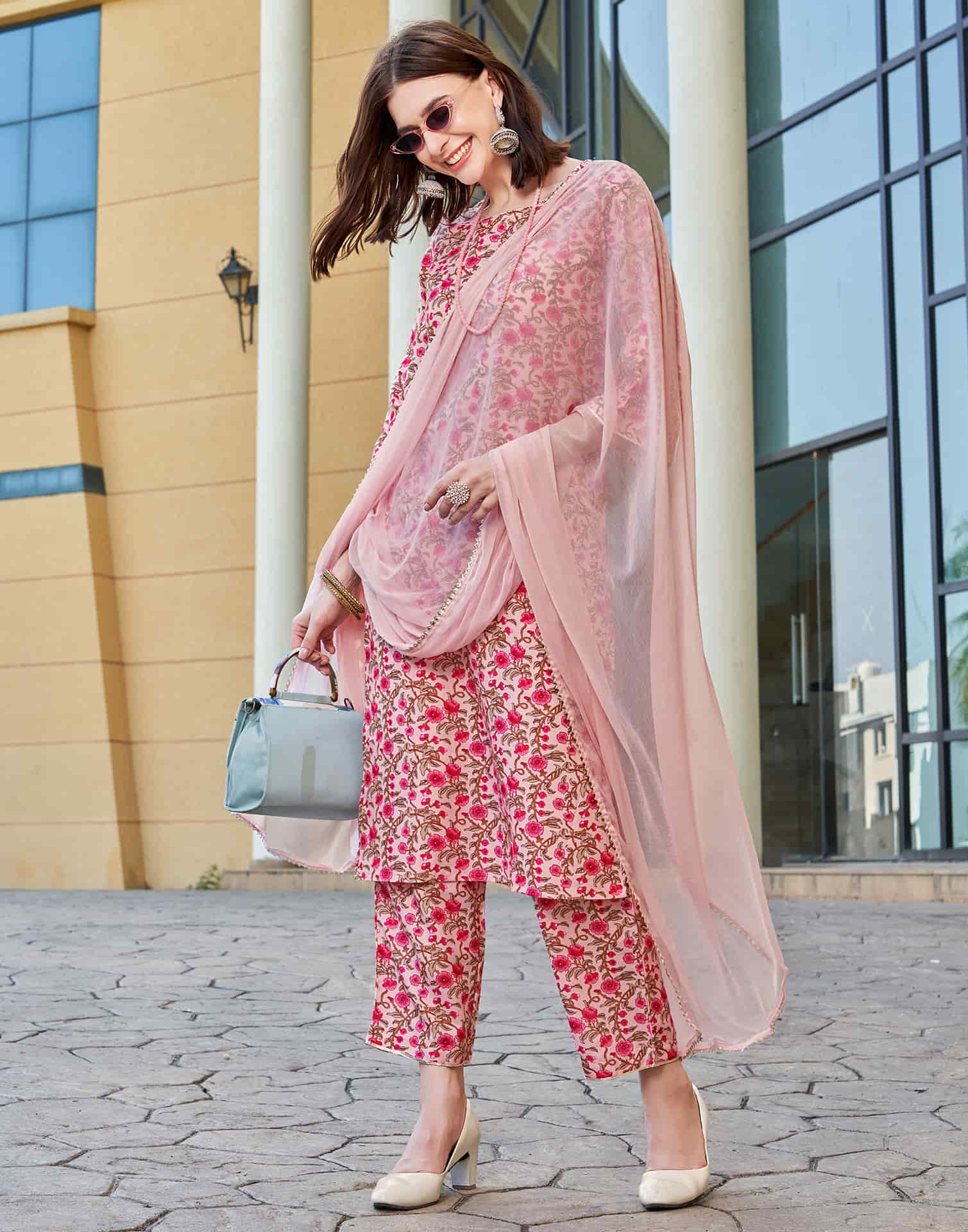 Light Pink Printed Rayon Straight Kurta With Pant And Dupatta