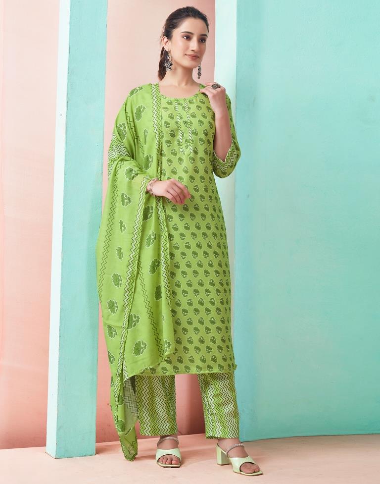 Green Rayon Printed Straight Kurta Set