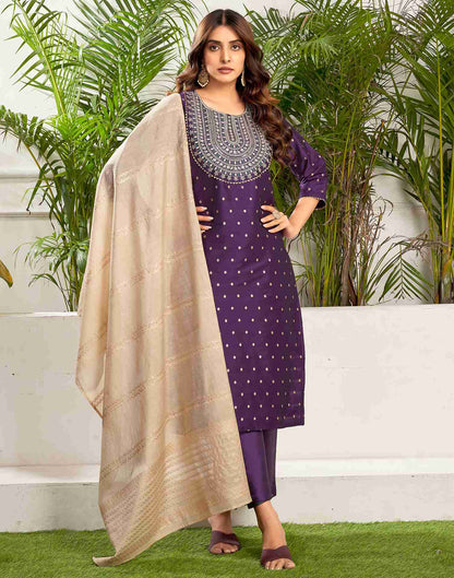 Deep Purple Polyester Embroidery Straight Kurta Set With Dupatta
