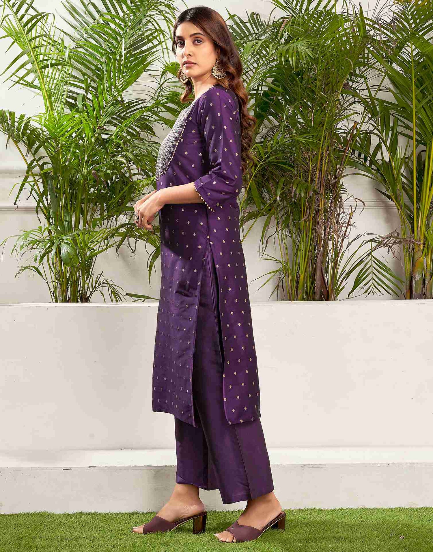 Deep Purple Polyester Embroidery Straight Kurta Set With Dupatta