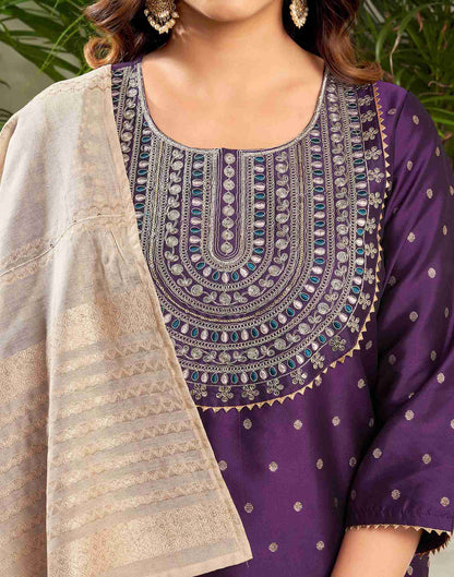 Deep Purple Polyester Embroidery Straight Kurta Set With Dupatta
