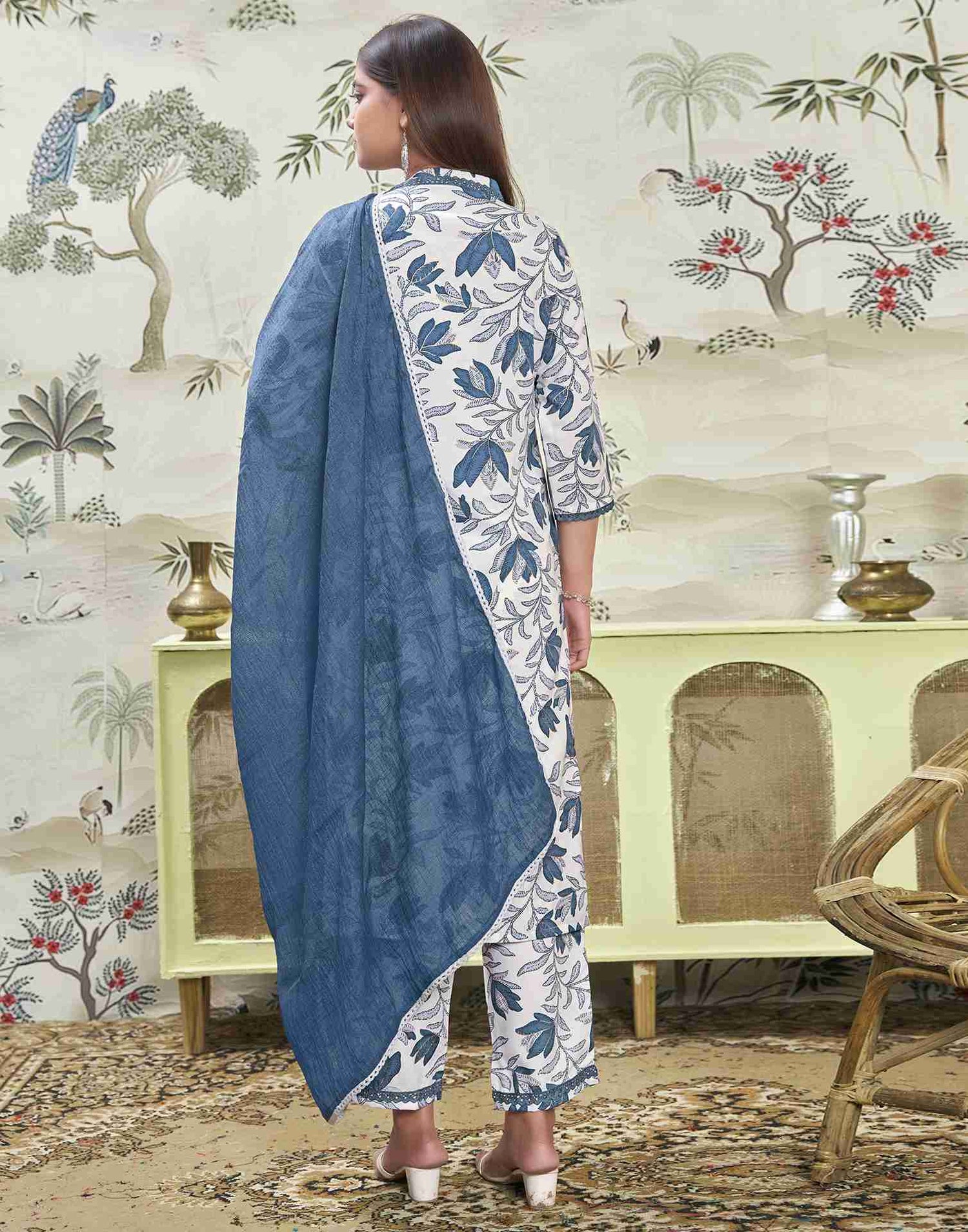 White Printed Rayon Straight Kurta Set With Dupatta