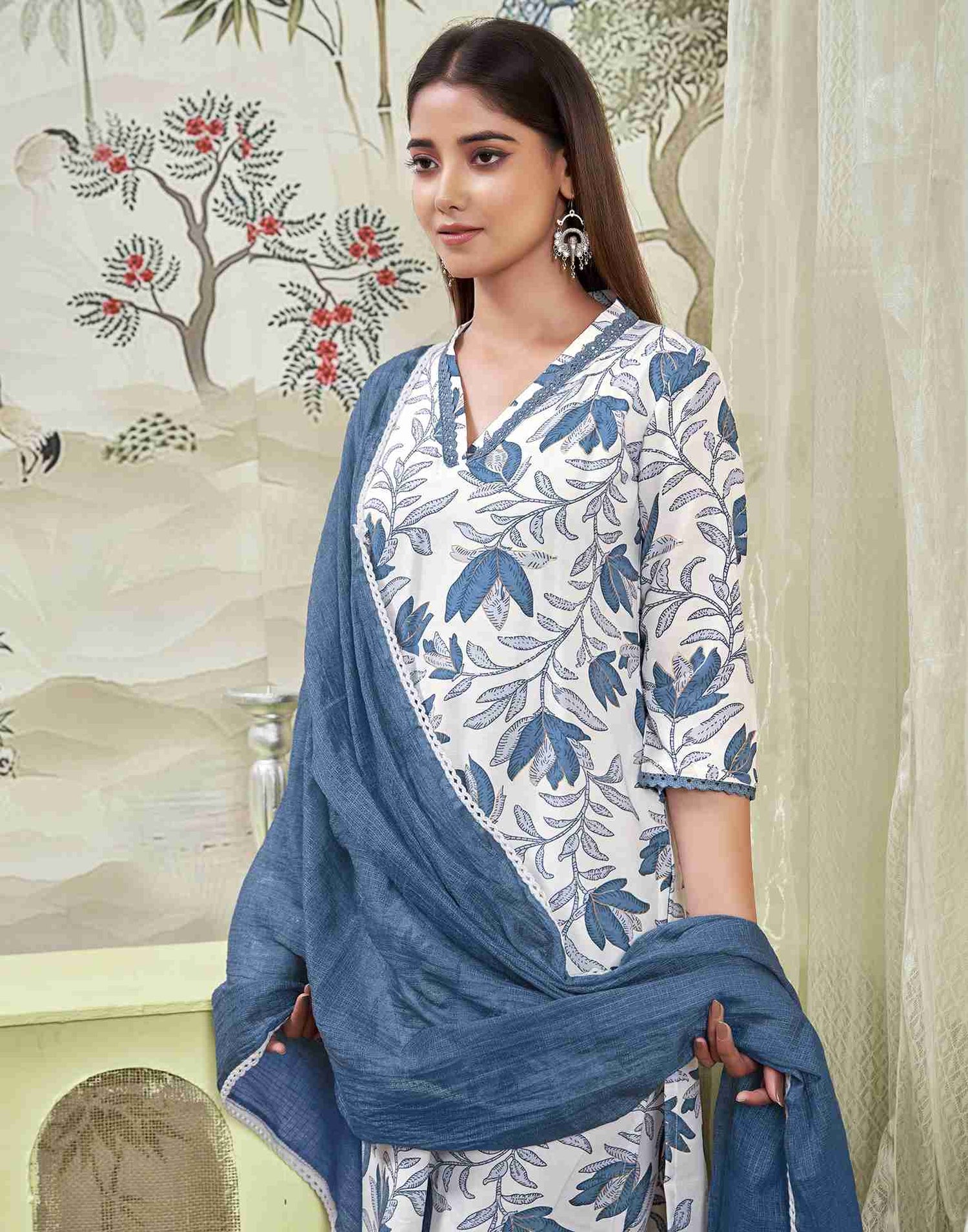 White Printed Rayon Straight Kurta Set With Dupatta