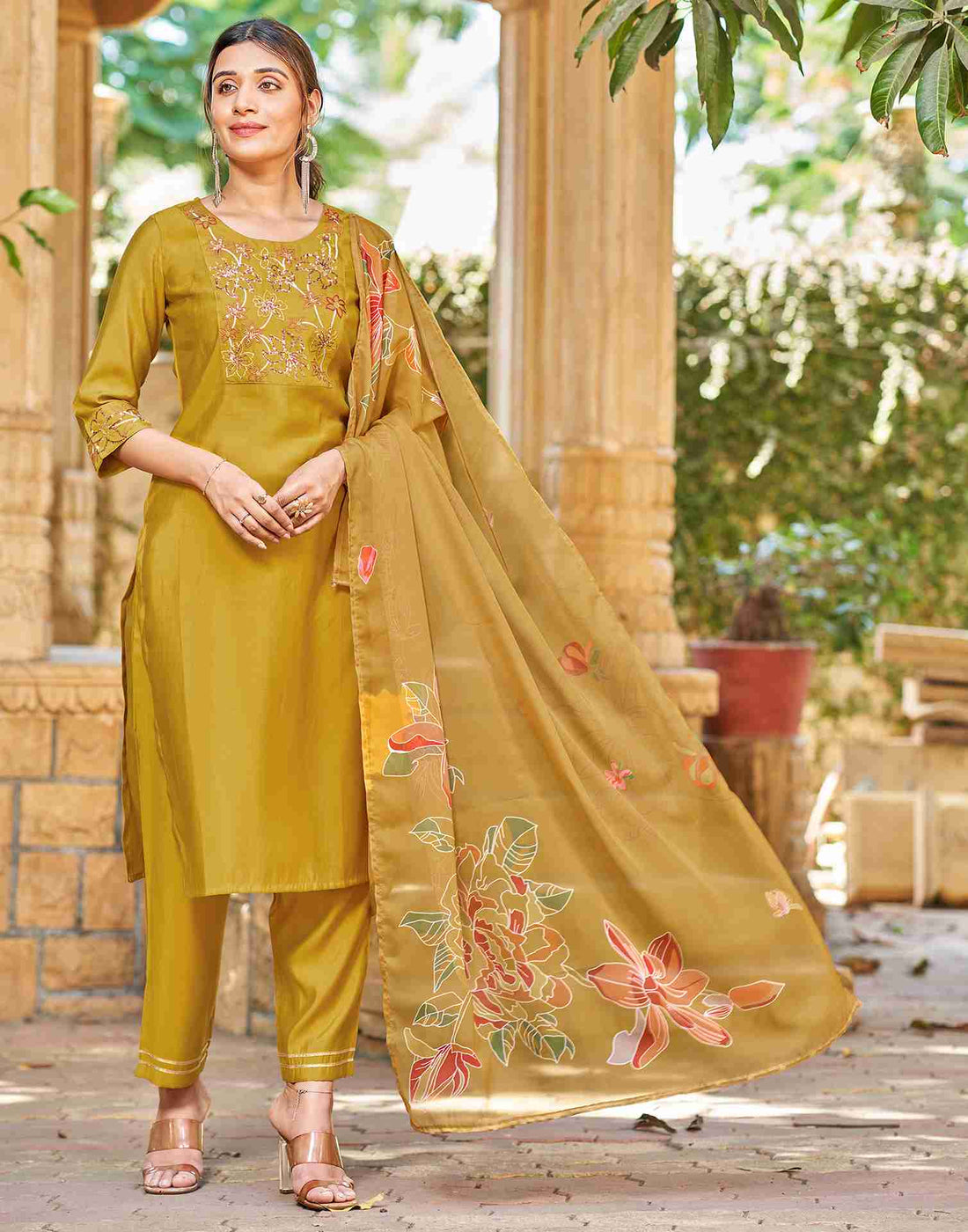 Mustard Yellow Silk Embroidery Straight Kurta Set With Dupatta