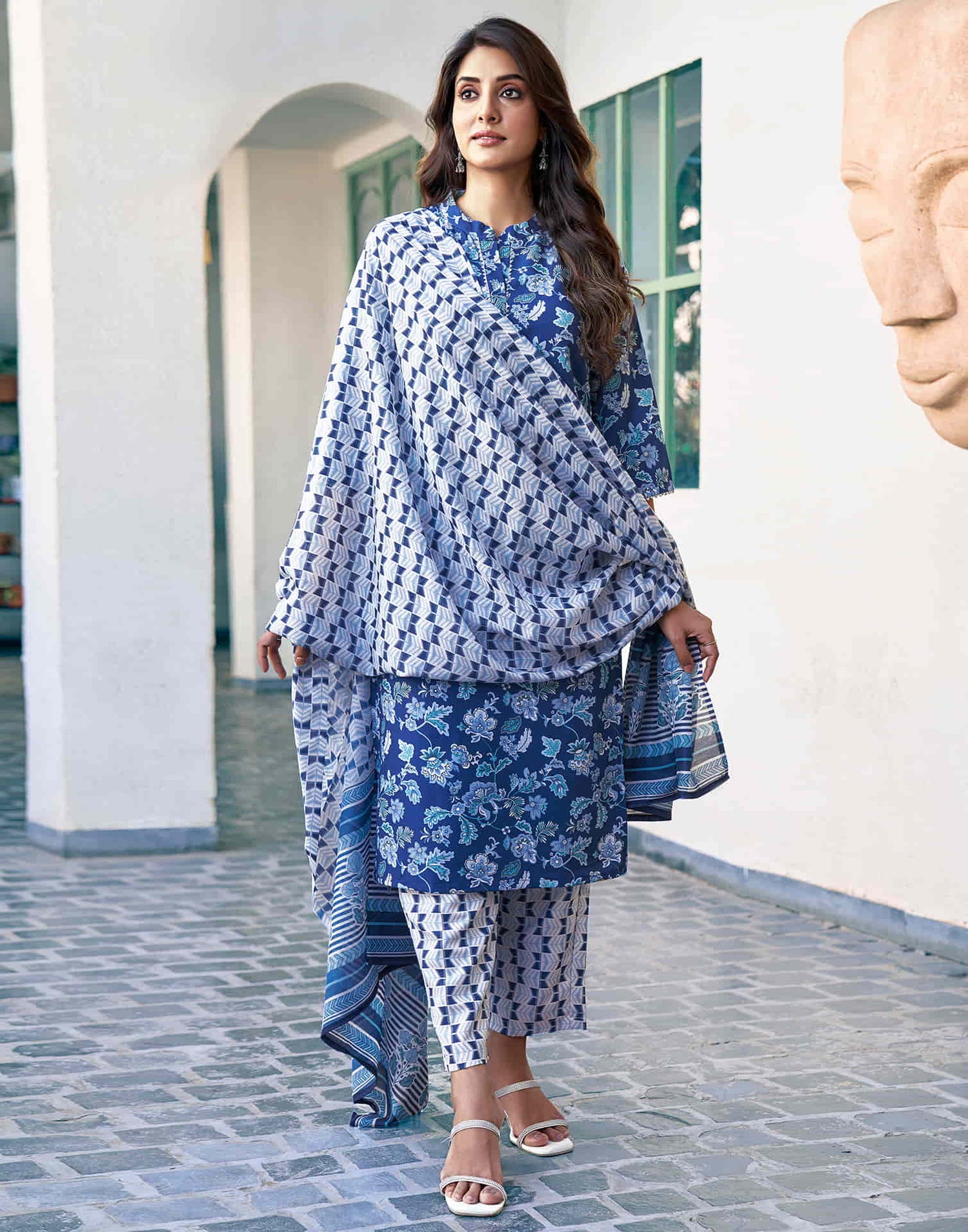 Dark Blue Printed Rayon Straight Kurta With Pant And Dupatta