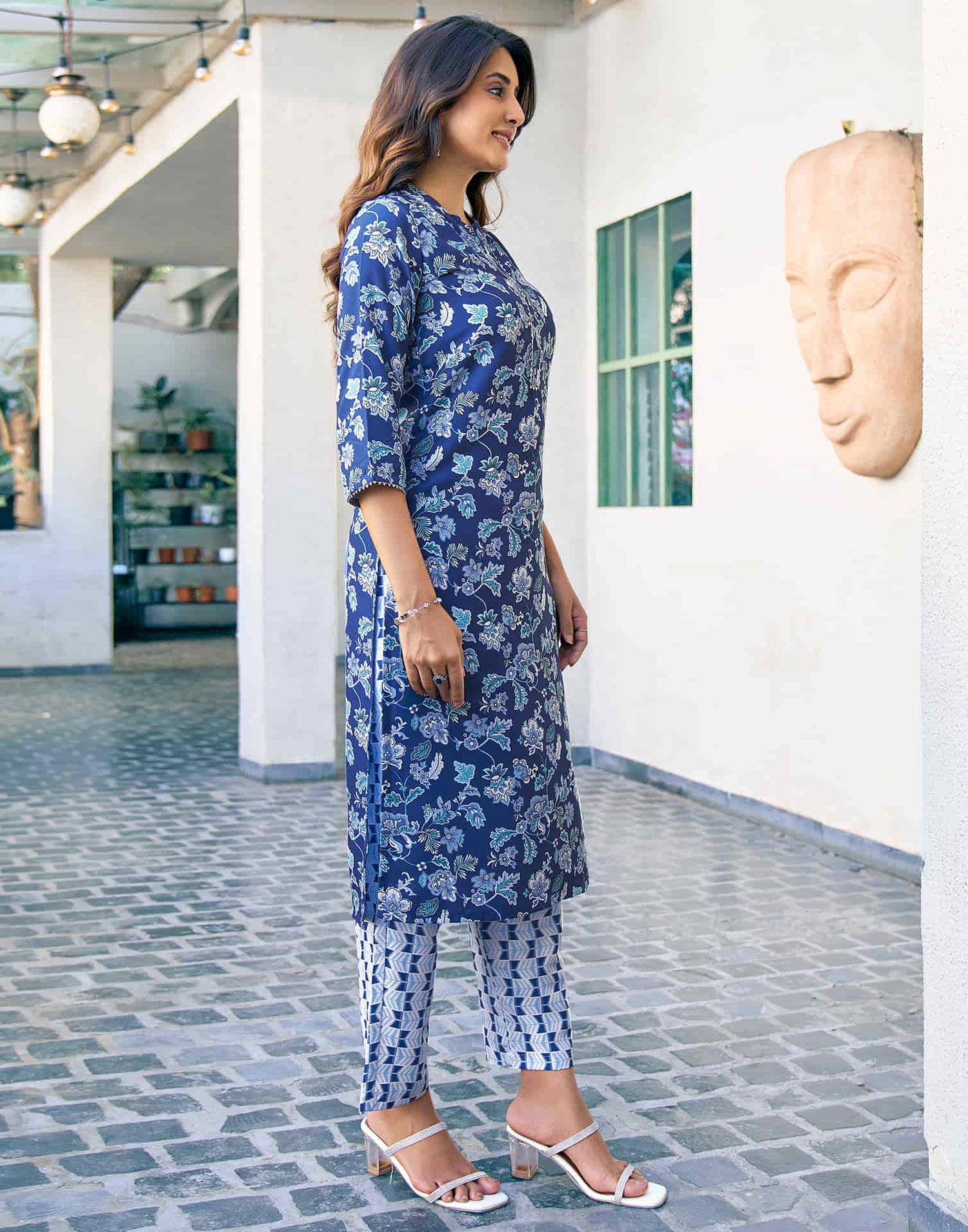 Dark Blue Printed Rayon Straight Kurta With Pant And Dupatta