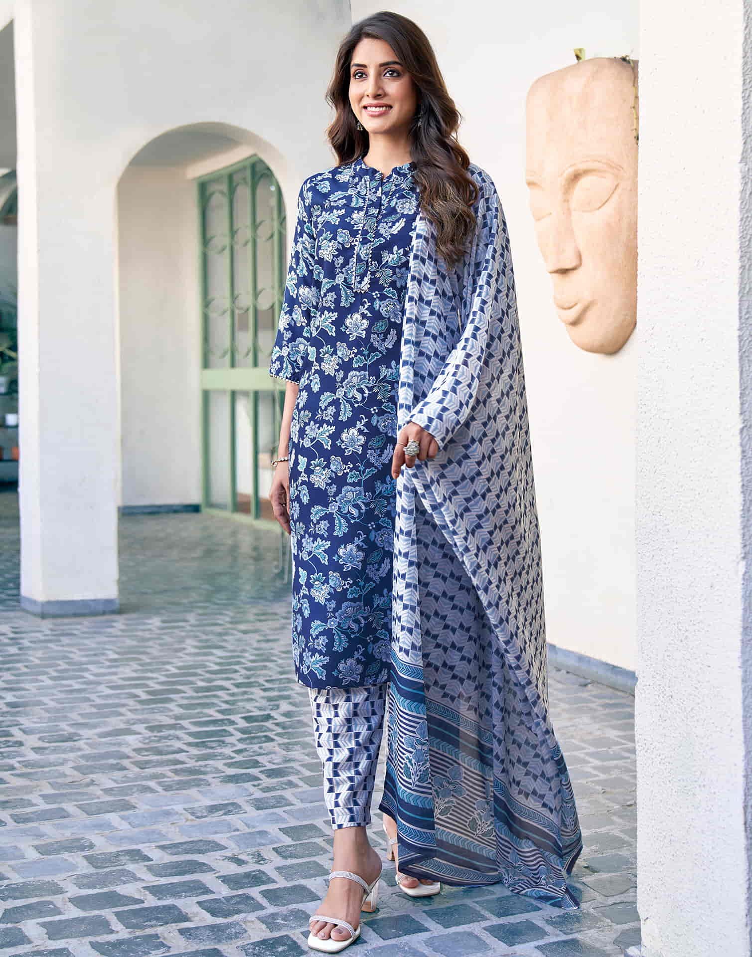 Dark Blue Printed Rayon Straight Kurta With Pant And Dupatta