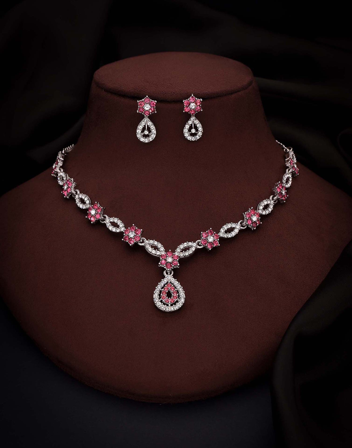 Baby Pink Rhodium Silver Choker Necklace Set With Stud Earring