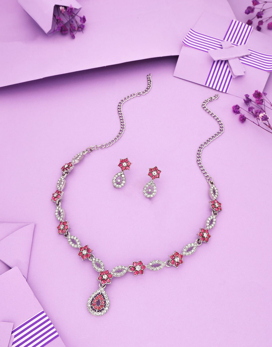 Baby Pink Rhodium Silver Choker Necklace Set With Stud Earring