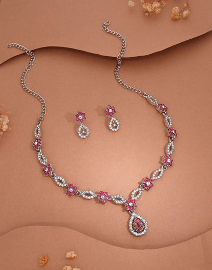 Baby Pink Rhodium Silver Choker Necklace Set With Stud Earring