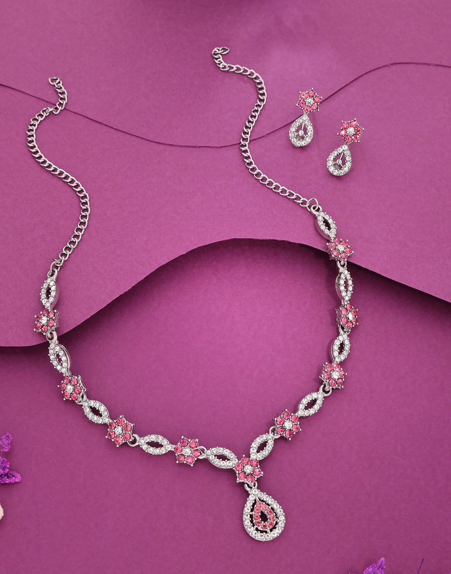 Baby Pink Rhodium Silver Choker Necklace Set With Stud Earring