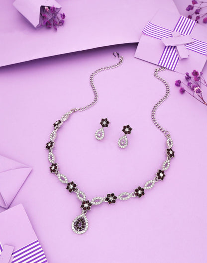 Maroon Rhodium Silver Choker Necklace Set With Stud Earring