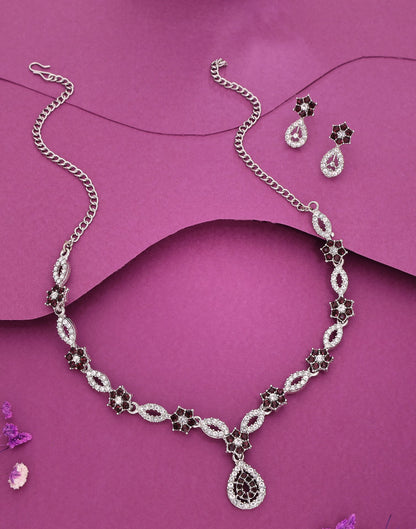 Maroon Rhodium Silver Choker Necklace Set With Stud Earring