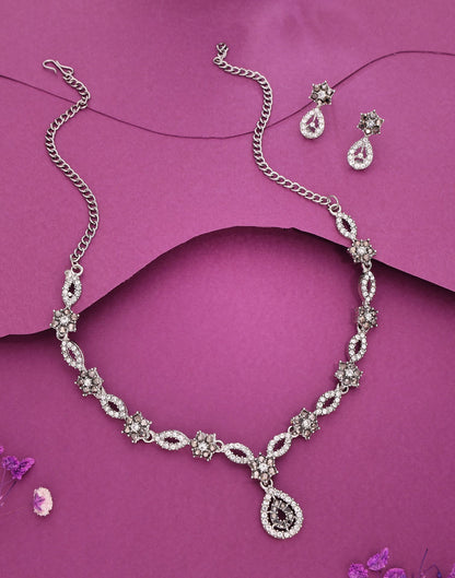 Grey Rhodium Silver Choker Necklace Set With Stud Earring