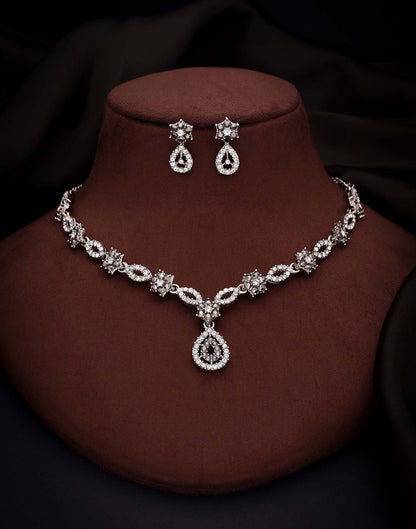 Grey Rhodium Silver Choker Necklace Set With Stud Earring