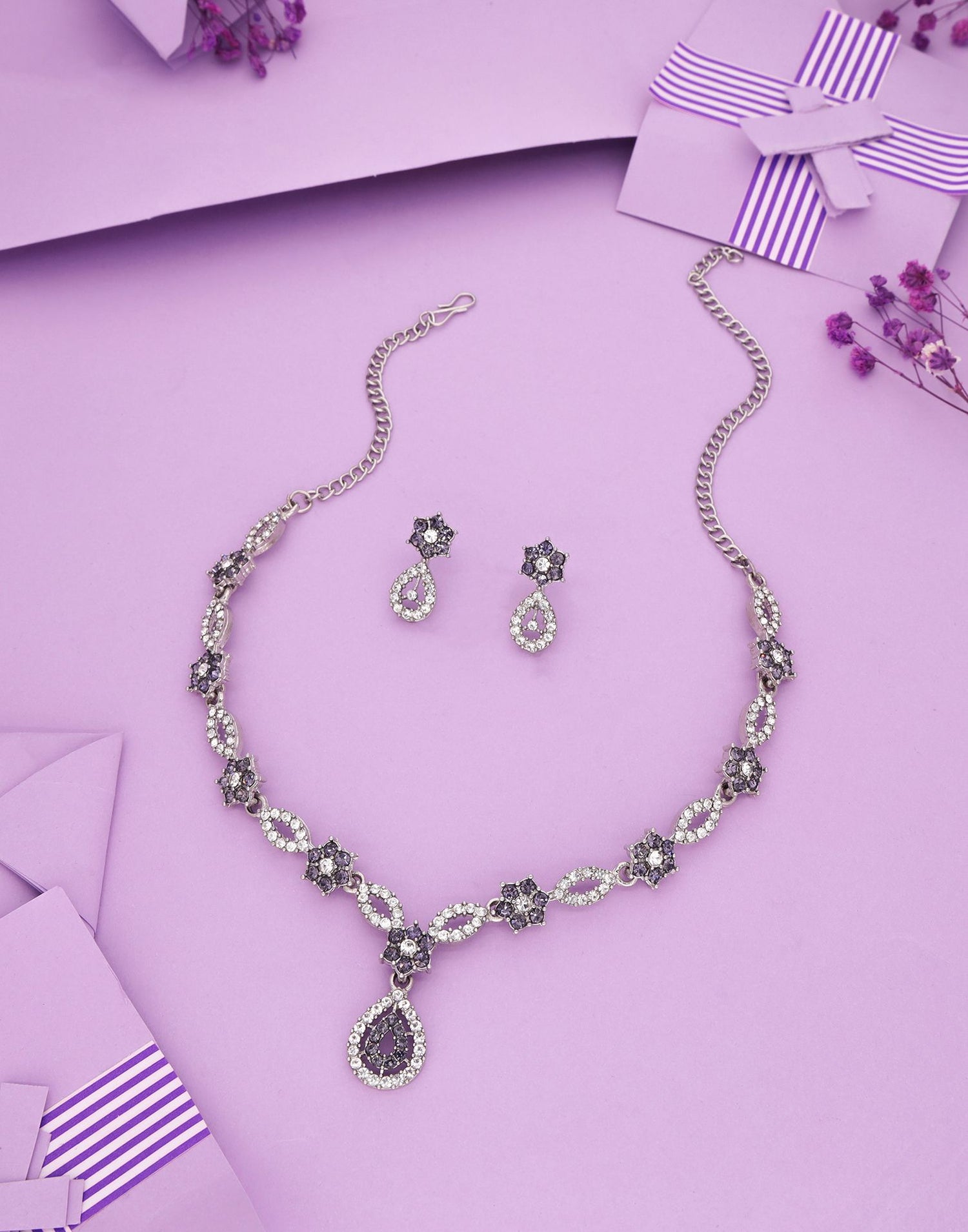 Purple Rhodium Silver Choker Necklace Set With Stud Earring