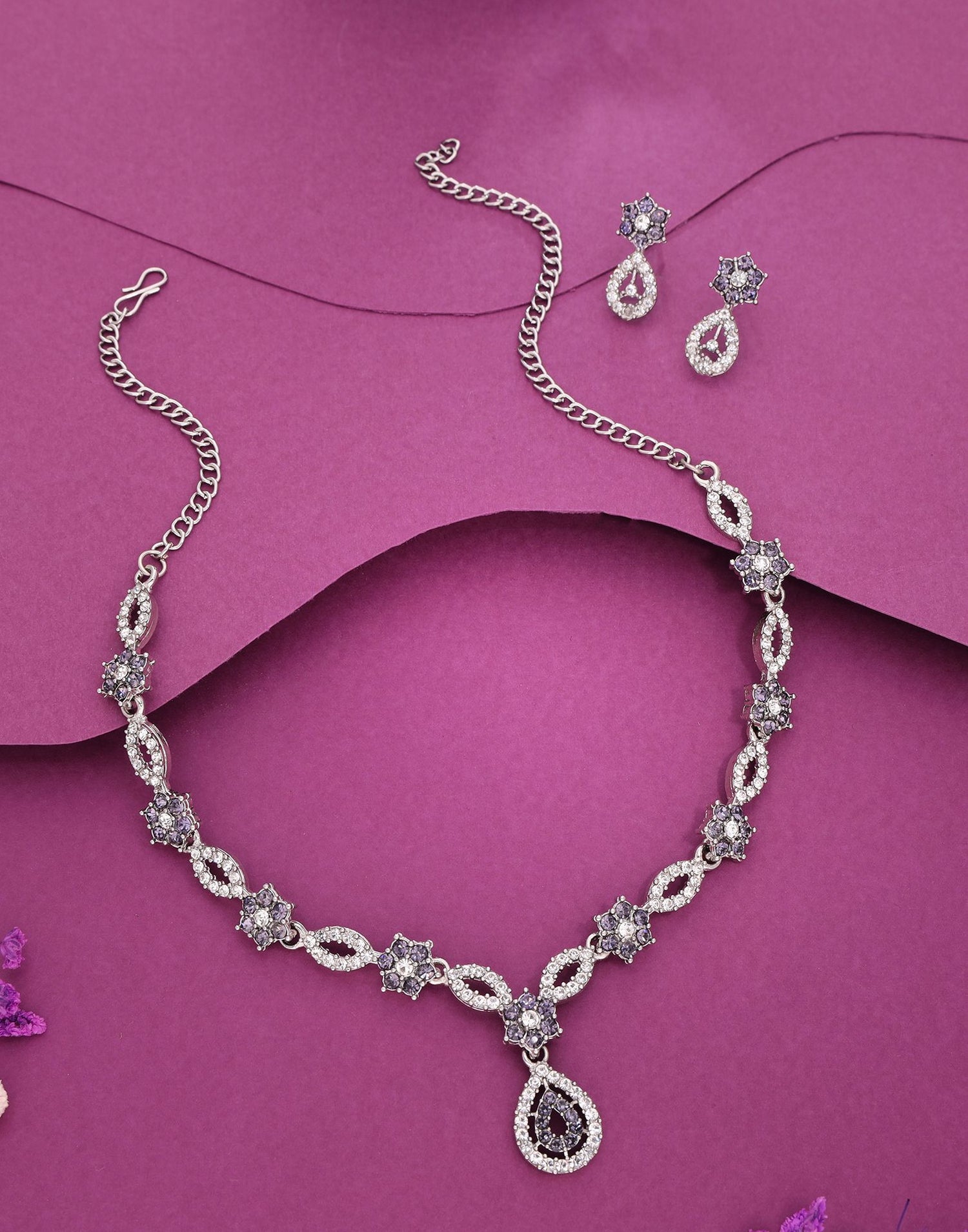 Purple Rhodium Silver Choker Necklace Set With Stud Earring