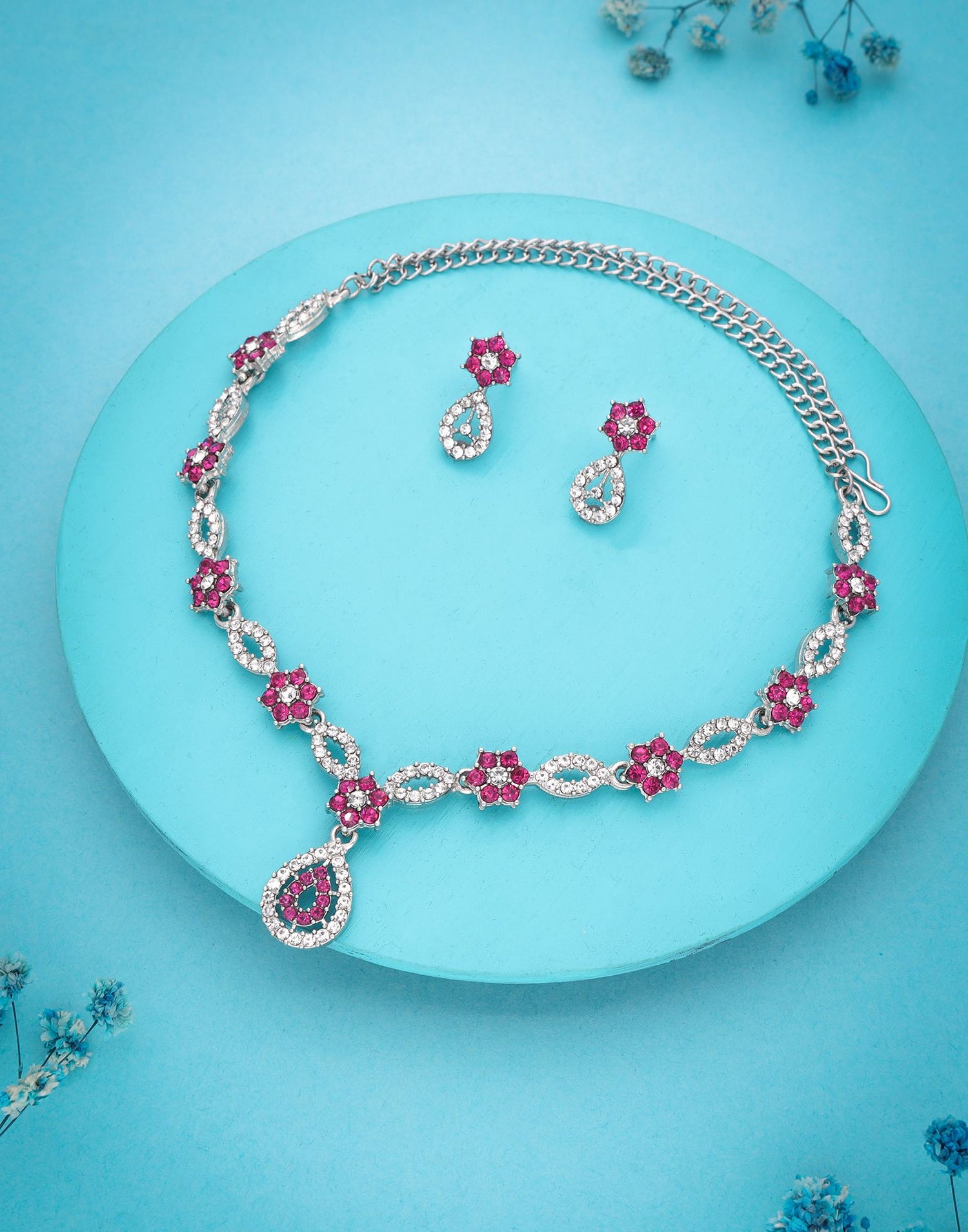 Pink Rhodium Silver Choker Necklace Set With Stud Earring