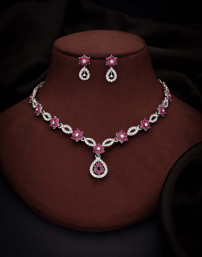 Pink Rhodium Silver Choker Necklace Set With Stud Earring