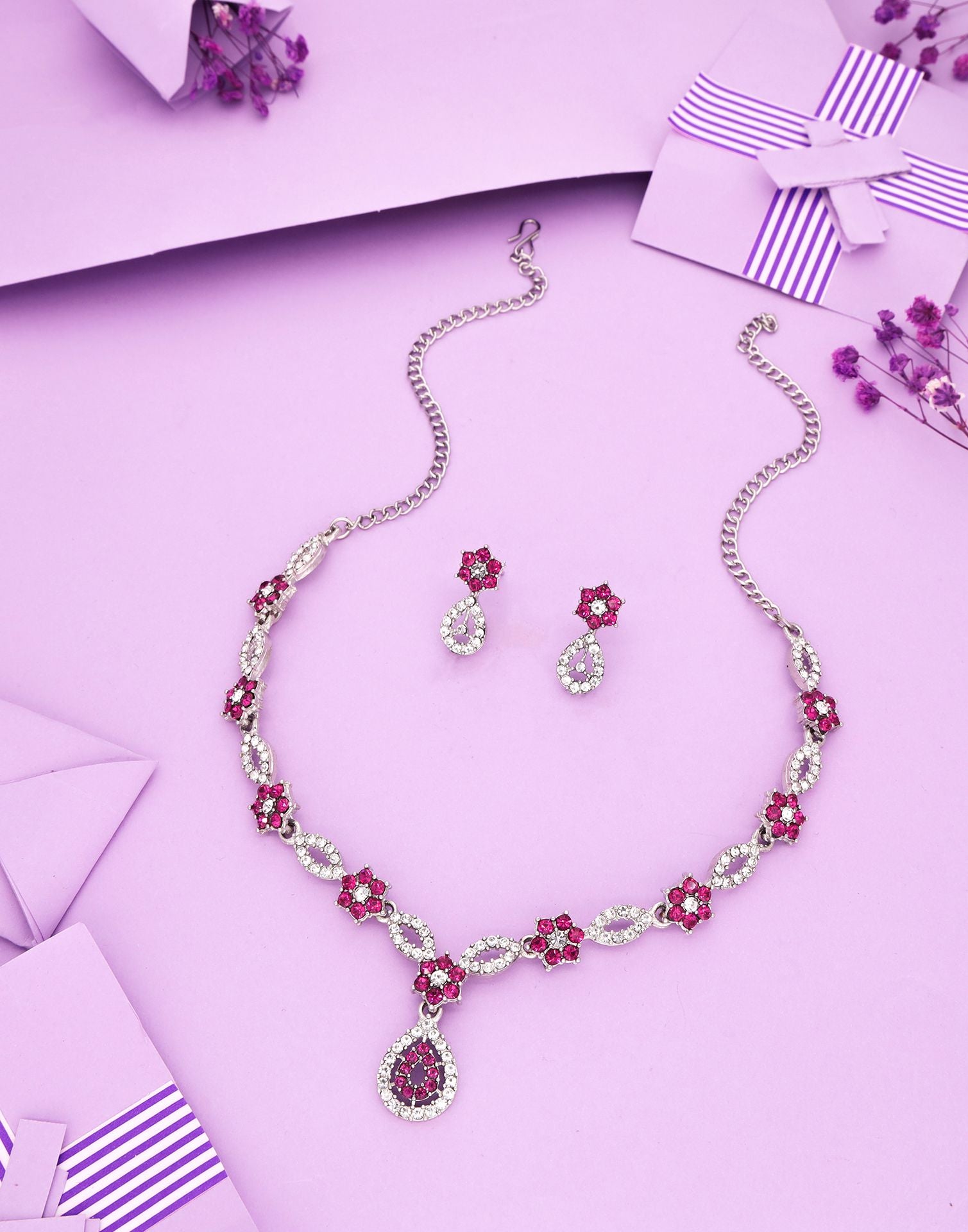 Pink Rhodium Silver Choker Necklace Set With Stud Earring