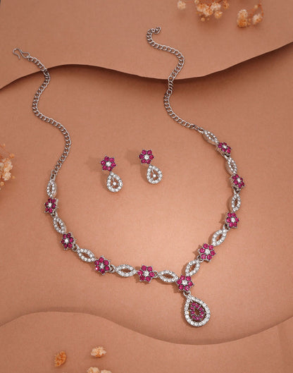 Pink Rhodium Silver Choker Necklace Set With Stud Earring