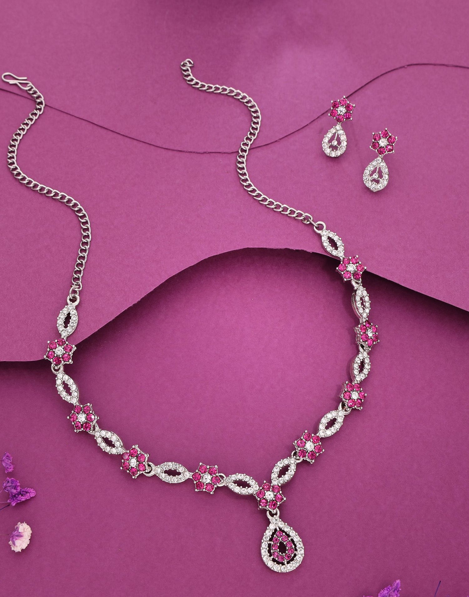 Pink Rhodium Silver Choker Necklace Set With Stud Earring