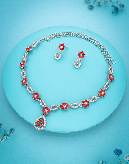 Red Rhodium Silver Choker Necklace Set With Stud Earring