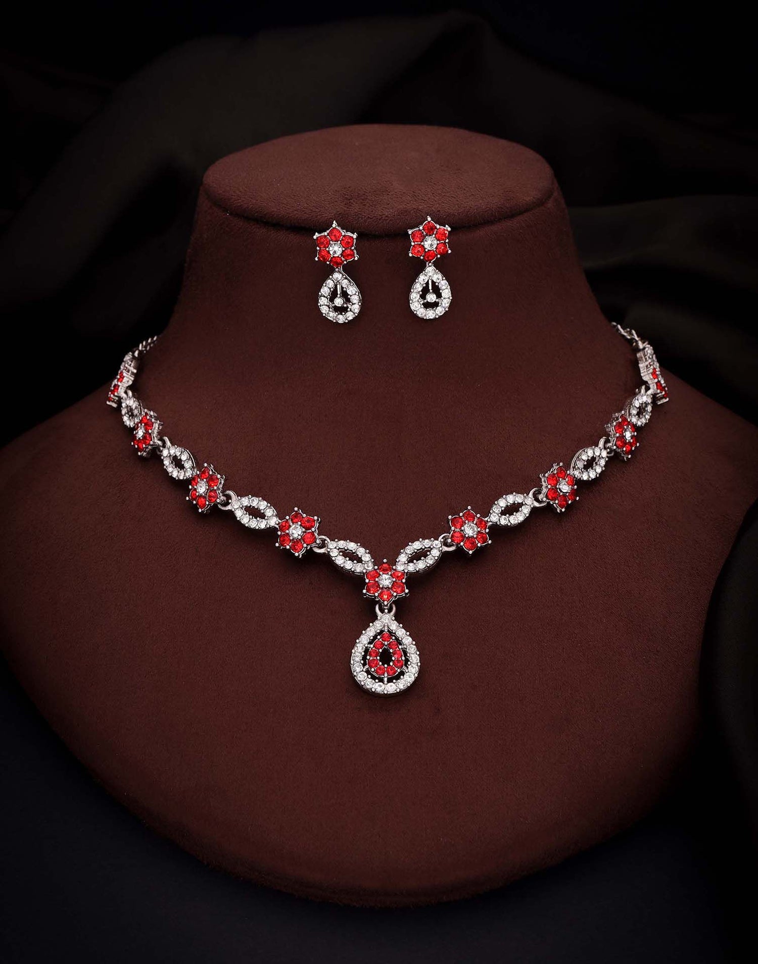 Red Rhodium Silver Choker Necklace Set With Stud Earring