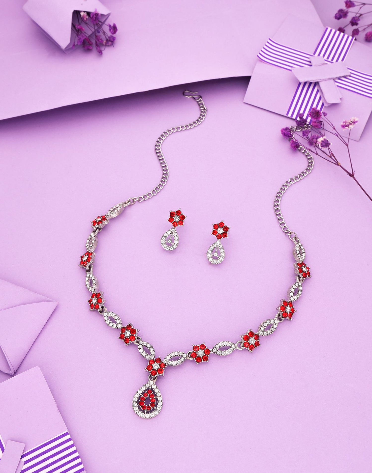 Red Rhodium Silver Choker Necklace Set With Stud Earring