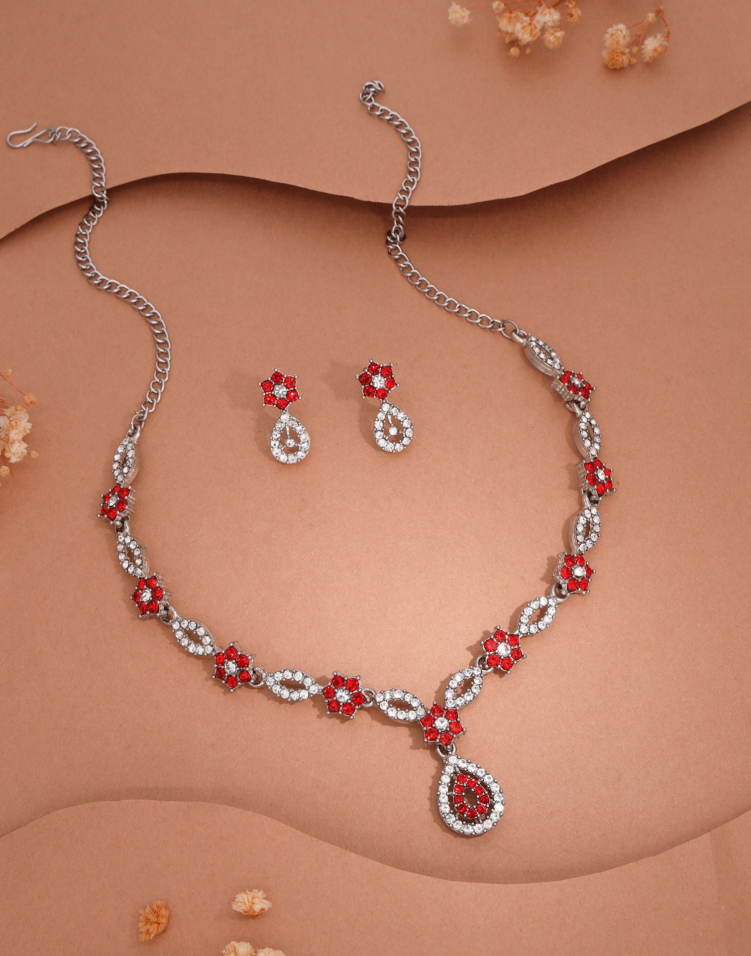 Red Rhodium Silver Choker Necklace Set With Stud Earring