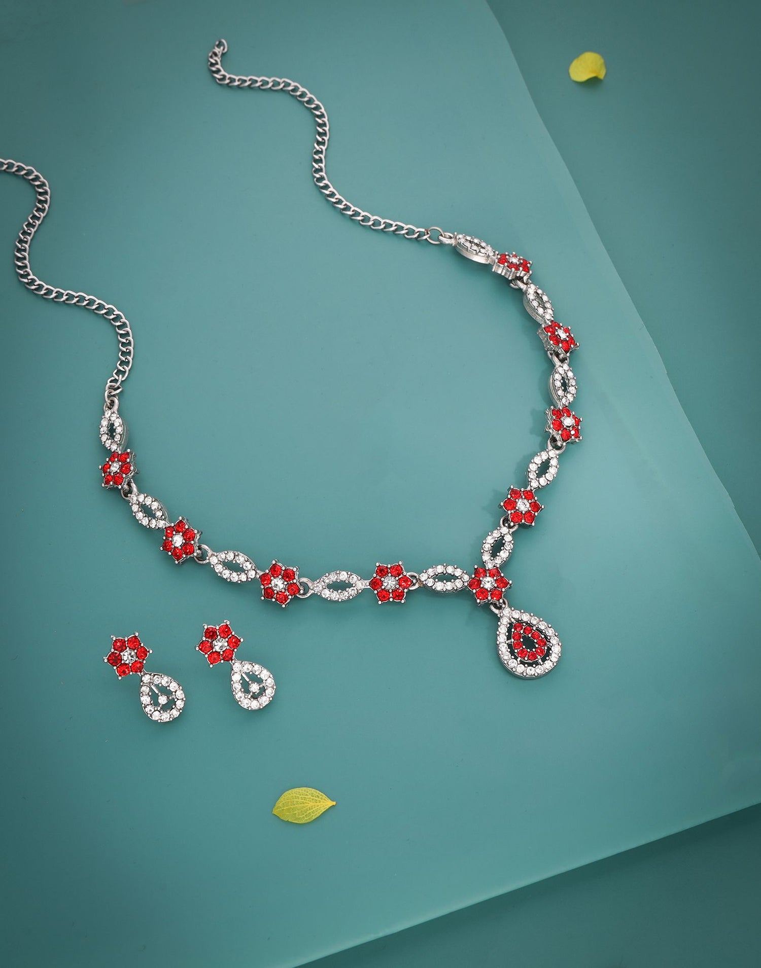 Red Rhodium Silver Choker Necklace Set With Stud Earring