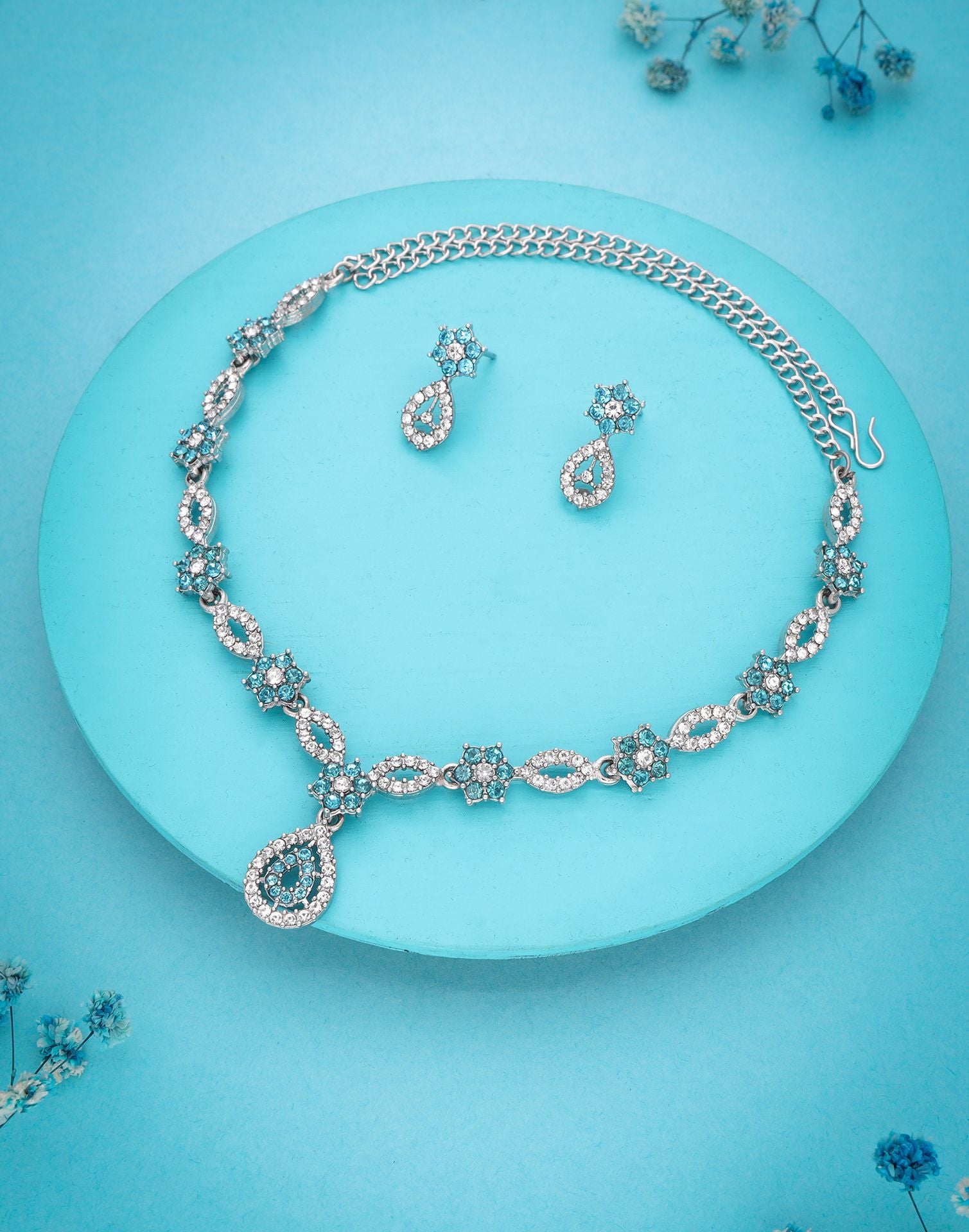 Sky Blue Rhodium Silver Choker Necklace Set With Stud Earring