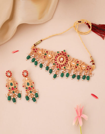 Green Gold Choker Necklace Set With Dangle Earring