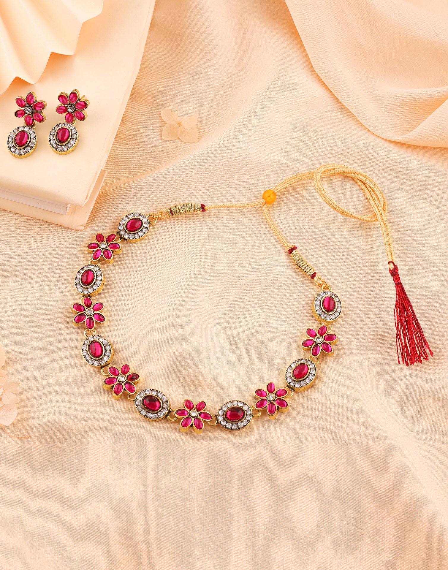 Pink Gold Choker Necklace Set With Dangle Earring