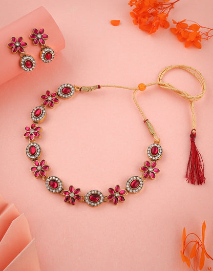 Pink Gold Choker Necklace Set With Dangle Earring