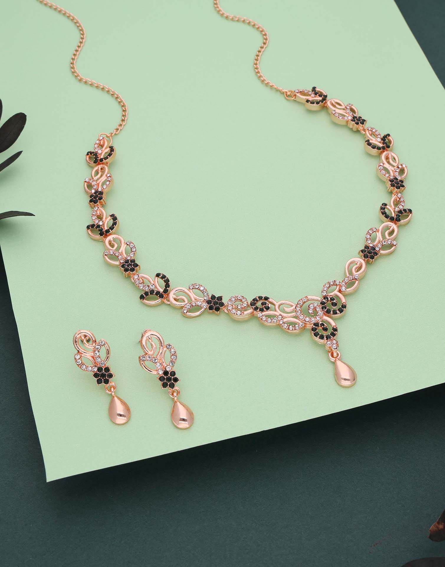 Green Rose Gold Choker Necklace Set With Stud Earring