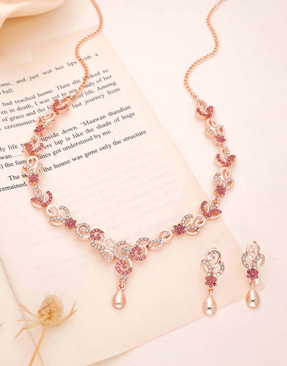 Pink Rose Gold Choker Necklace Set With Stud Earring