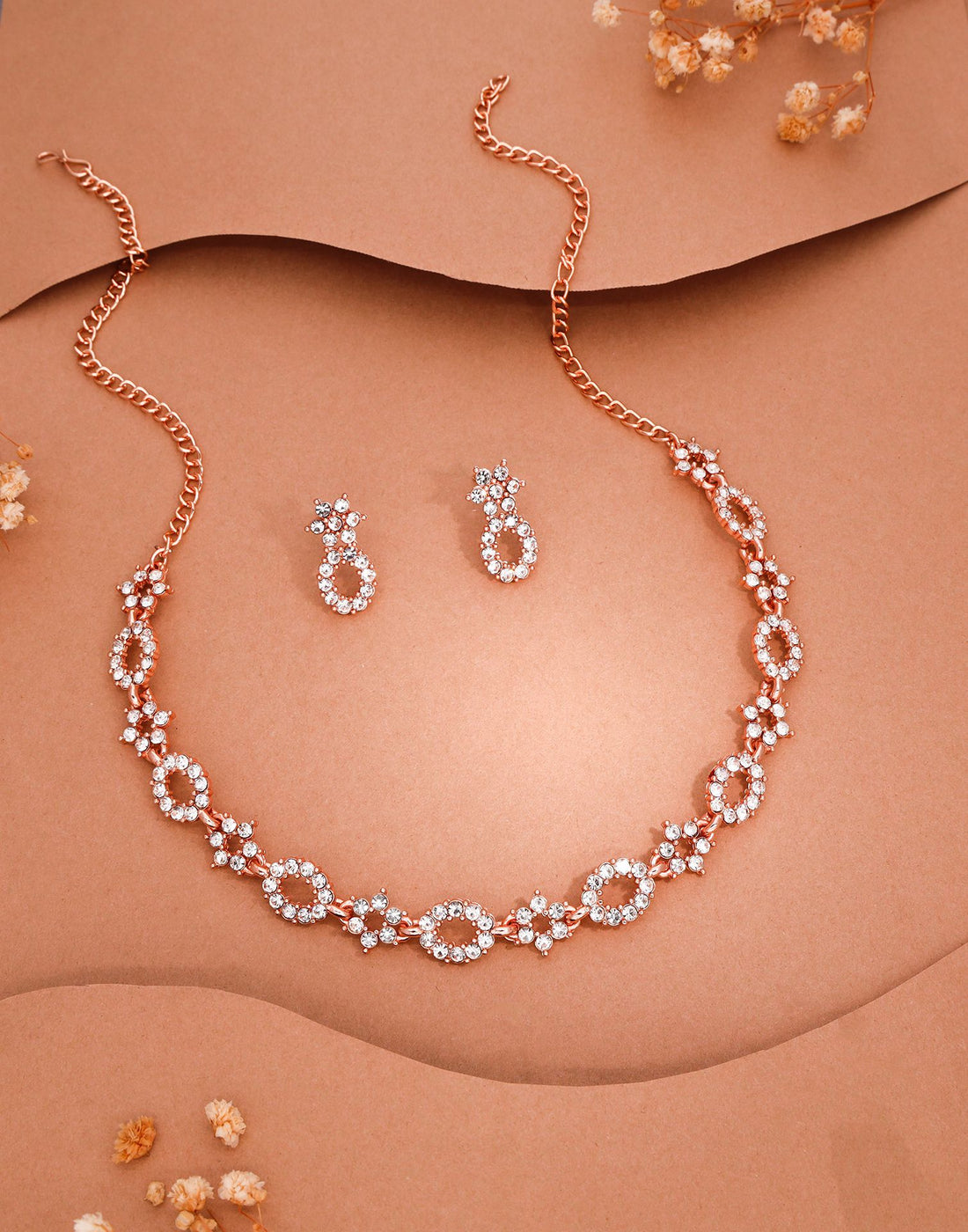 White Rose Gold Choker Necklace Set With Stud Earring