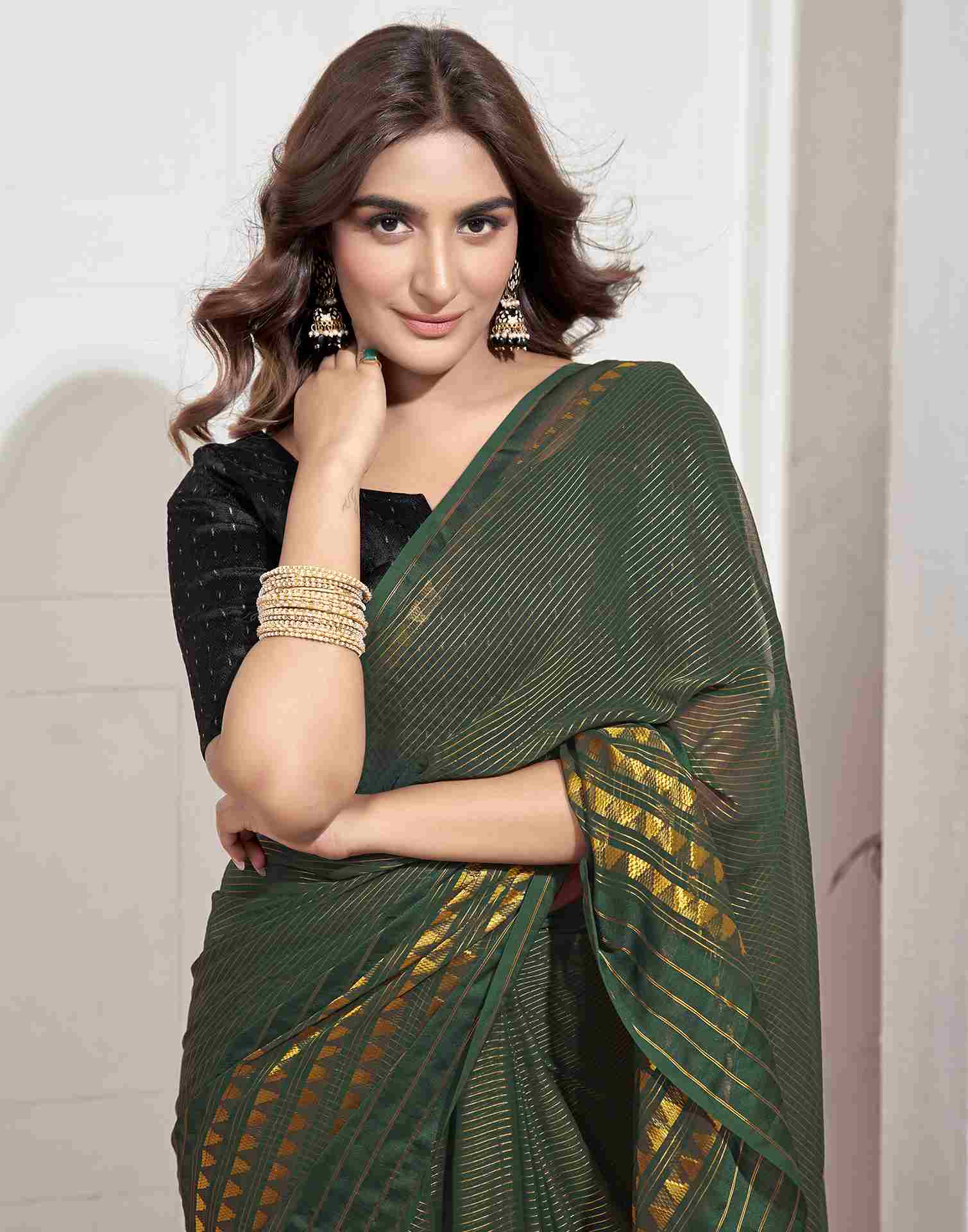 Ready To Wear Dark Green Georgette Plain Printed Saree