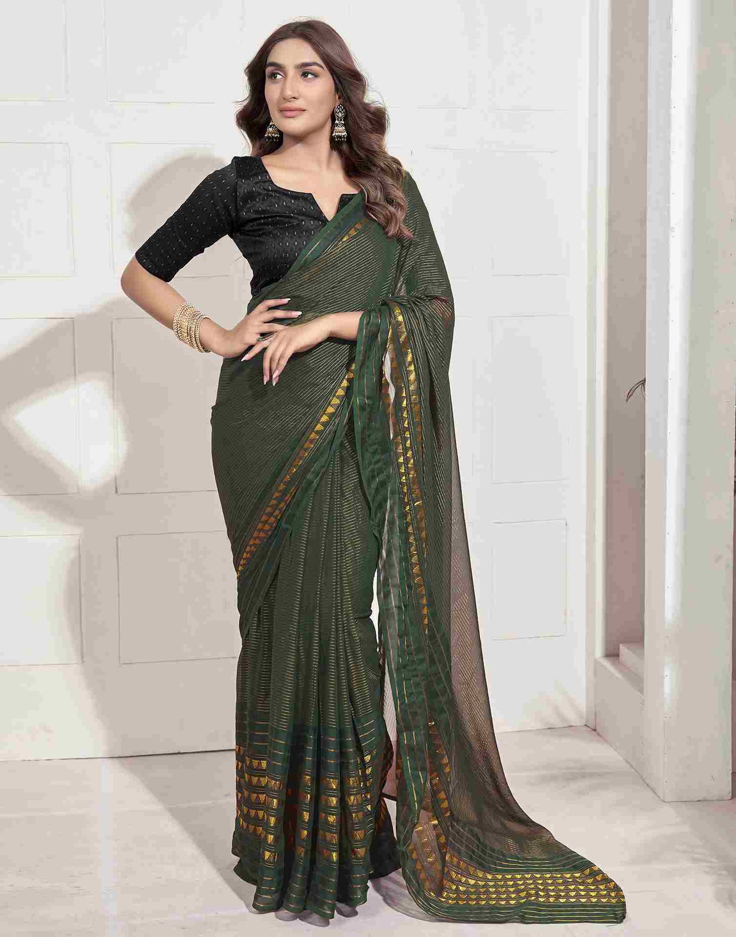 Ready To Wear Dark Green Georgette Plain Printed Saree