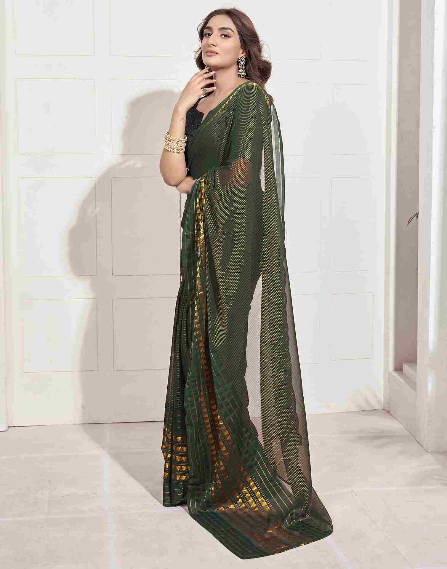 Ready To Wear Dark Green Georgette Plain Printed Saree