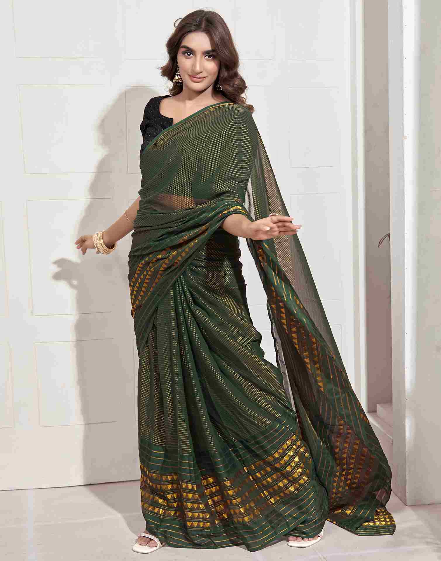 Ready To Wear Dark Green Georgette Plain Printed Saree