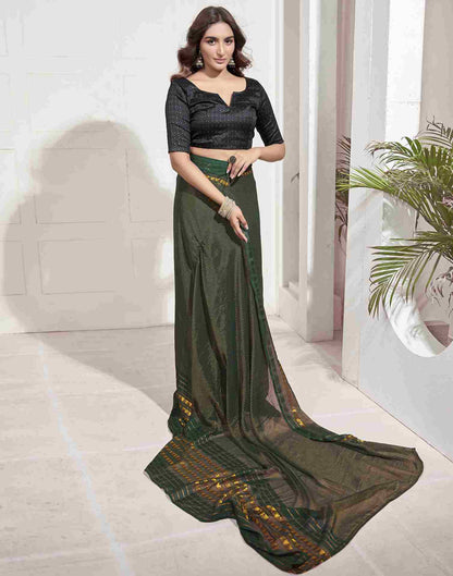 Ready To Wear Dark Green Georgette Plain Printed Saree