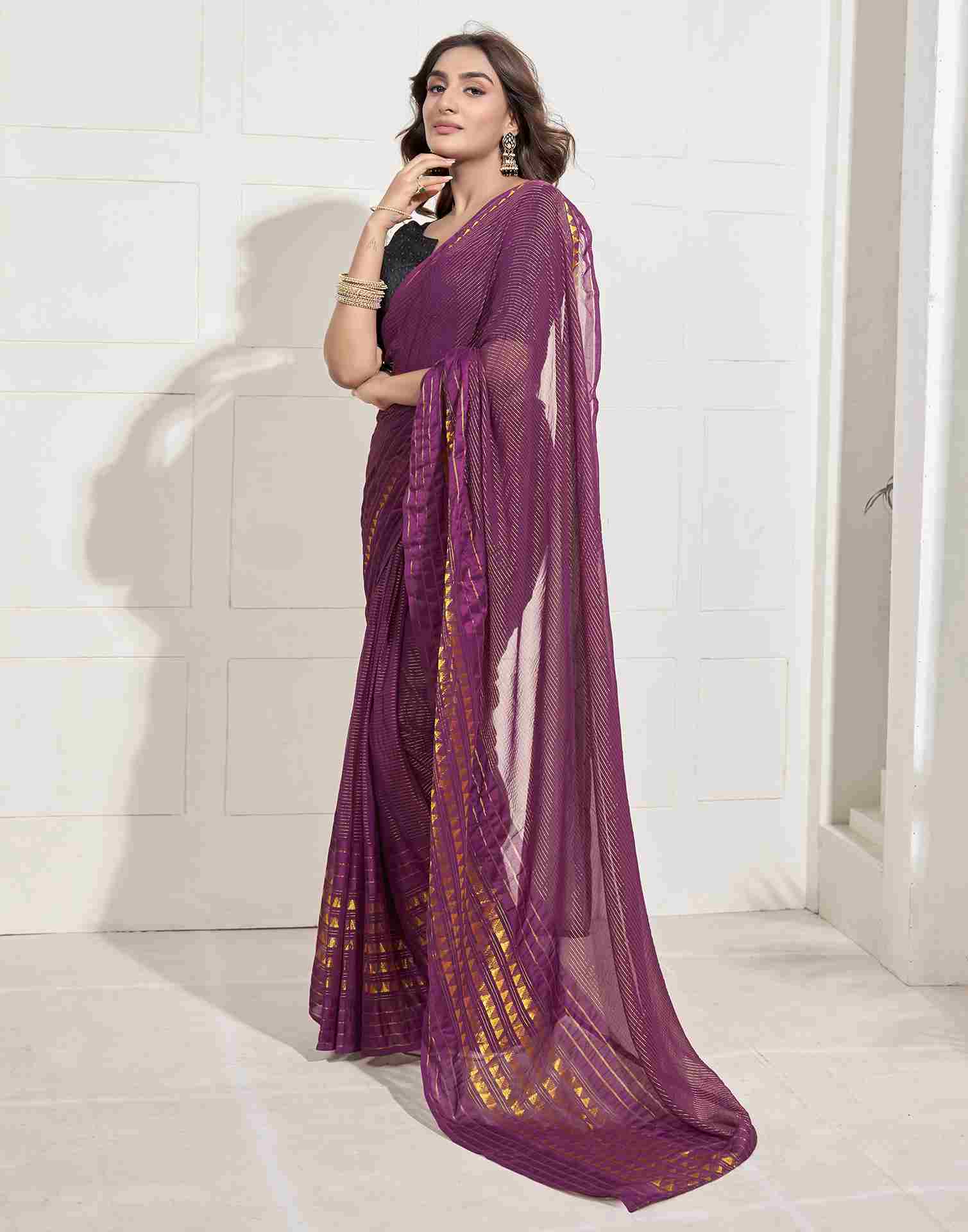 Ready To Wear Wine Georgette Plain Printed Saree