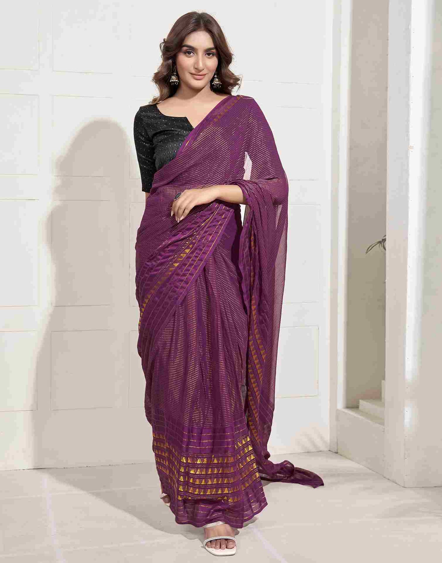 Ready To Wear Wine Georgette Plain Printed Saree