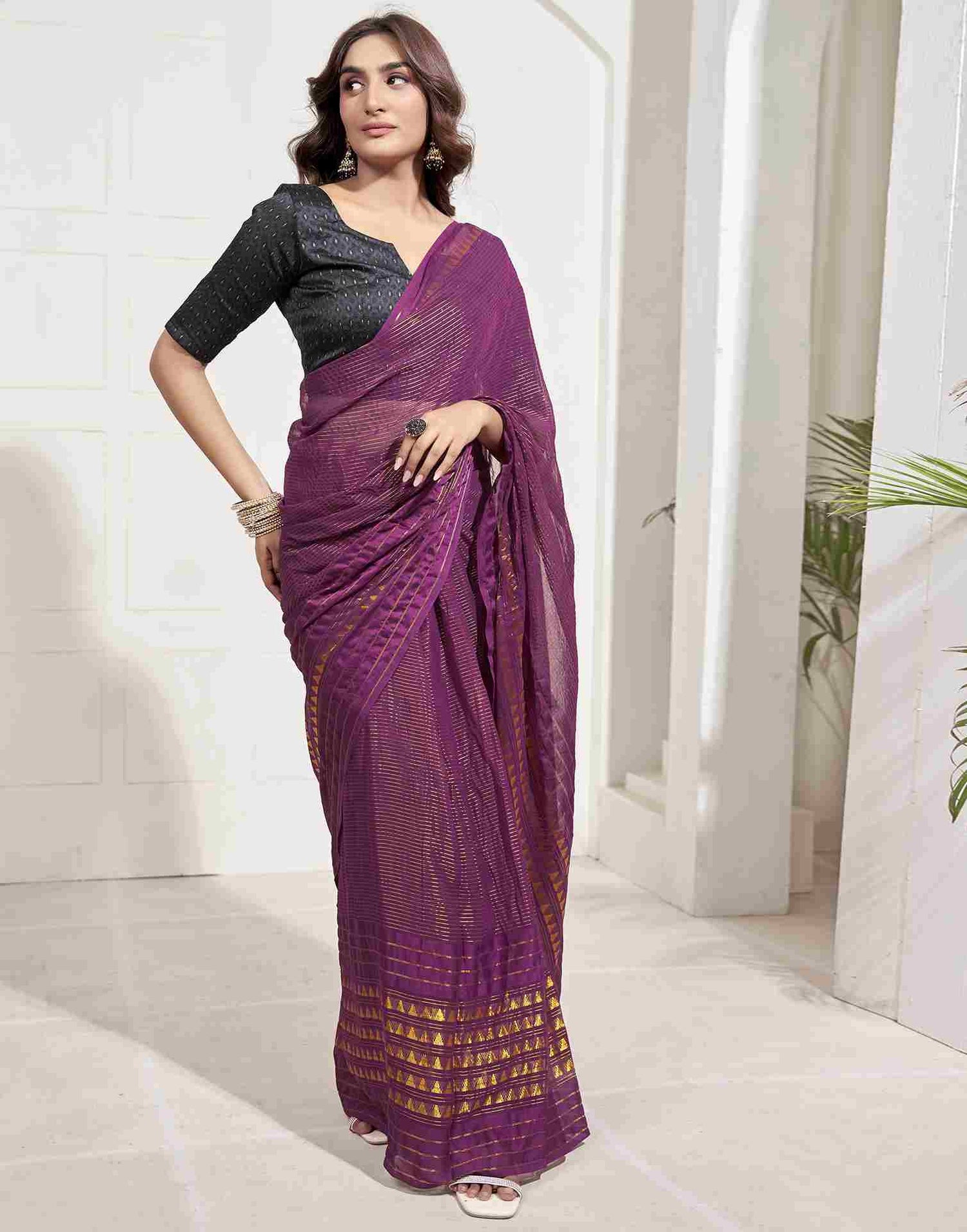 Ready To Wear Wine Georgette Plain Printed Saree