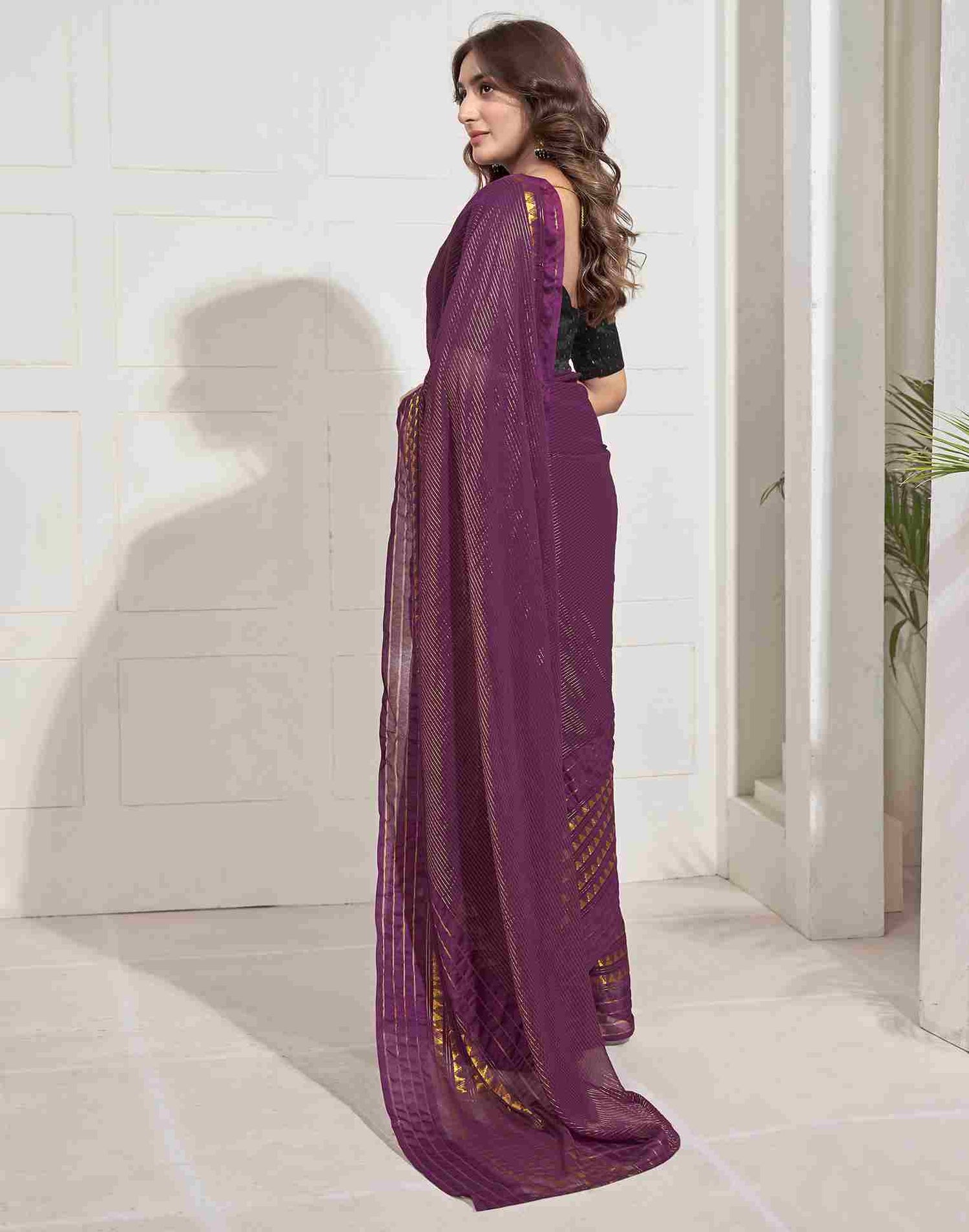 Ready To Wear Wine Georgette Plain Printed Saree