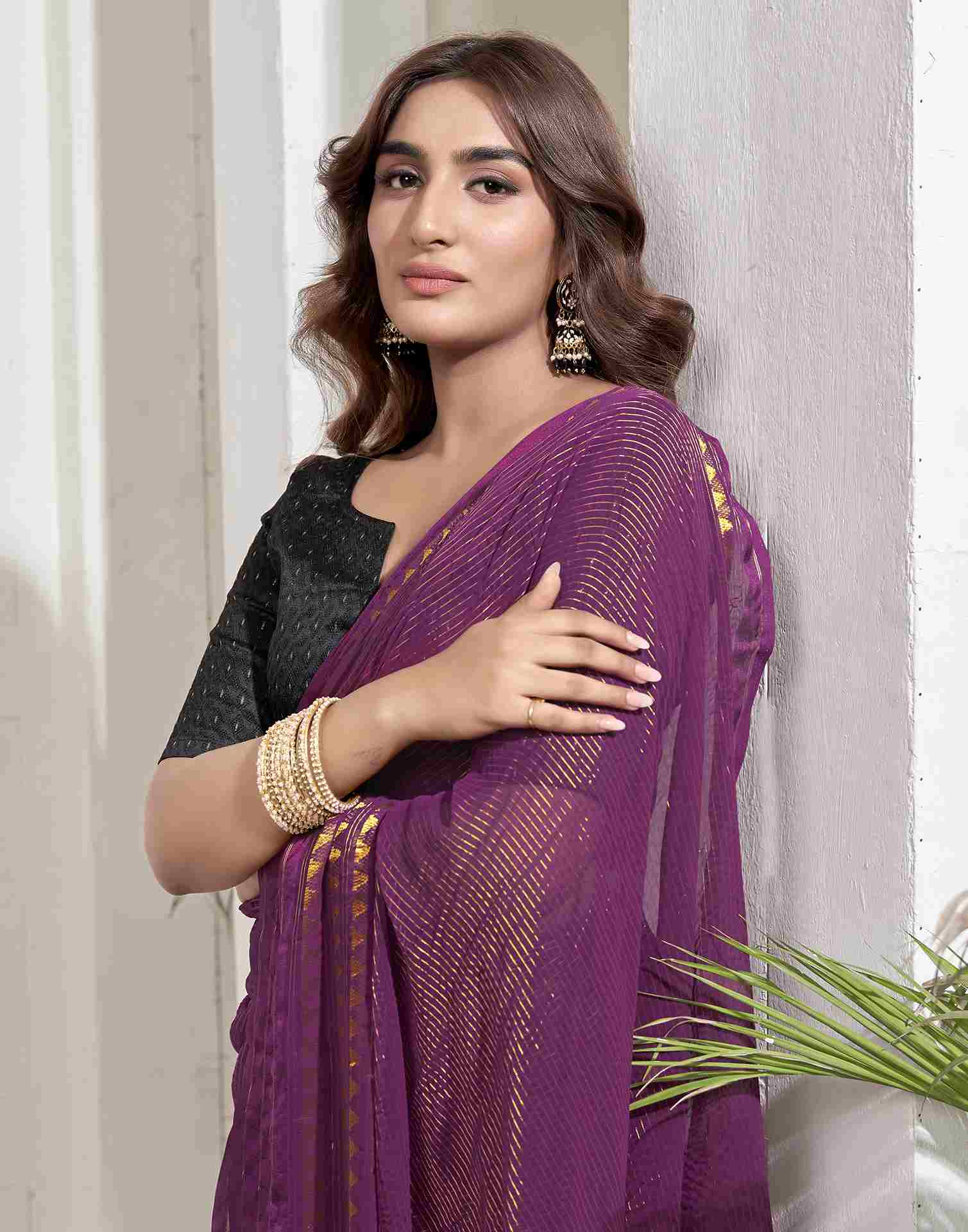 Ready To Wear Wine Georgette Plain Printed Saree